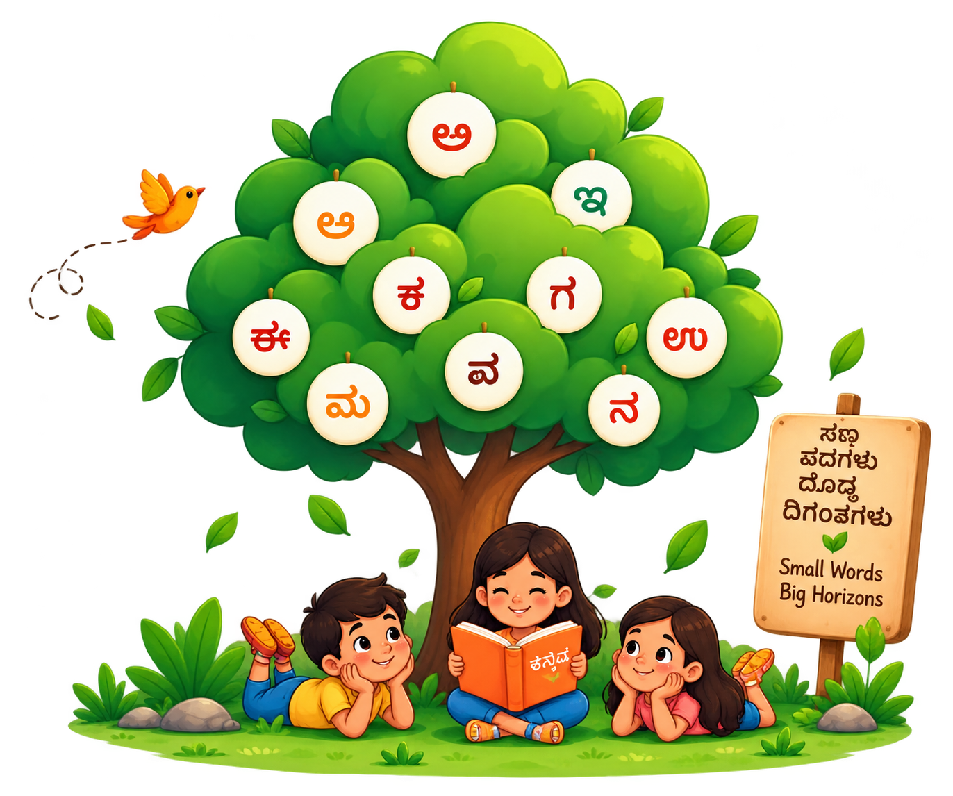 Children reading Kannada under a tree of letters